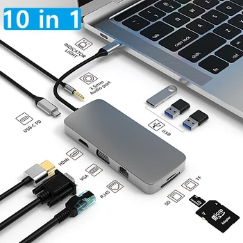 10 v 1 Dokovacej Stanice, USB HUB USB 3.0 100M Dokovacej Stanice S 4K-HDMI, RJ45 VGA 1080P SD/TF Karty pre PC, Notebook, Telefón Moblie