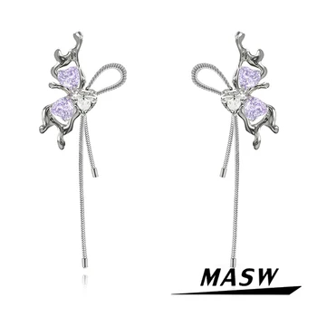 MASW Originálny Dizajn Senior Zmysel Vysoko Kvalitnej Medi Fialové Sklo, Motýľ Náušnice Pre Ženy, Dievča Strany Sebe Hot Predaj