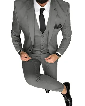 Muži Obleky Slim Fit Bežné 3 Kusy Business Groomsmen Sivá Zelená šampanské Klope Tuxedos pre Formálne Svadby(Sako+Nohavice+Vesta)