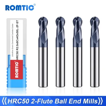 ROMTIC HRC50 2-Flauta Volfrámové Ocele Karbidu Nano-vrstvy Loptu Konci Mlyn Pre Oceľové CNC Strojov Centrum Frézovacie Nástroje, Frézy