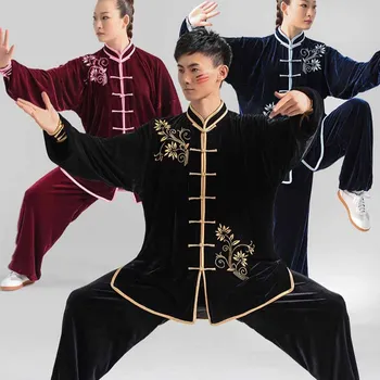 Unisex Kung Fu Kostým Jeseň Zima Velvet Výšivky Tai Chi Praxi Oblečenie Pribrala Bojových Umení Výkon Oblečenie