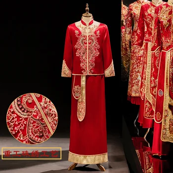 Vintage Červený Drak Výšivky Qipao Tang Vyhovuje Nevesty Svadobné Šaty Čínsky Štýl, Toast Oblečenie, Kostýmy