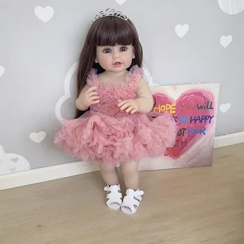 55 CM celého Tela, Mäkké Silikónové Vinyl Reborn Stojan Batoľa Dievča Bábiku Realisticky Naozaj Baby Doll s Ružové Šaty Drop Shipping