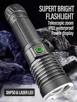 Silný XHP50 LED Baterka 4 Režimy 18650 Pochodeň USB Nabíjateľné Kempovanie, Rybárske Svietidla Dlhý Záber Nepremokavé Zoom Svetlá