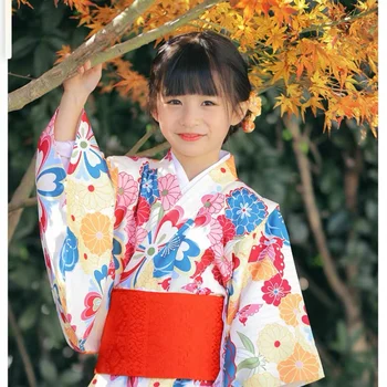 Cosplay detské A Dievčenské Farebné Japonské Kimono Župan Vytlačené Kvet Výkon Kostým Yukata A Obitage Mäkké