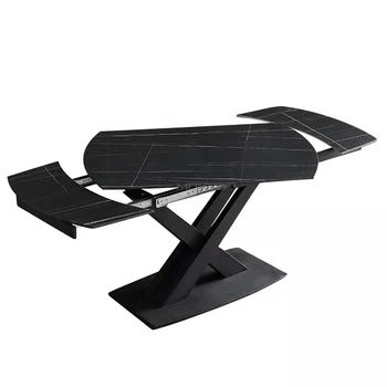 Taliansky Dizajn Moderný Biely Mramorový Vzor Bridlice Čierny Rám Luxusné Otáča Stôl Obdĺžnikový Charakteristické Tabuľka